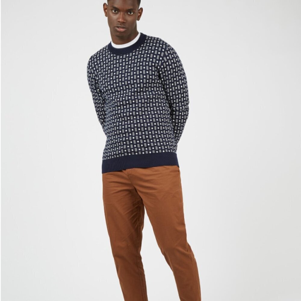Ben Sherman All Over Geometric Design Crew Neck Navy & Whte Sweater in Marine XL